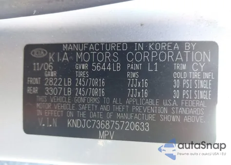 2007 Kia Sorento Lx z USA, uszkodzony, nr VIN KNDJC736875720633